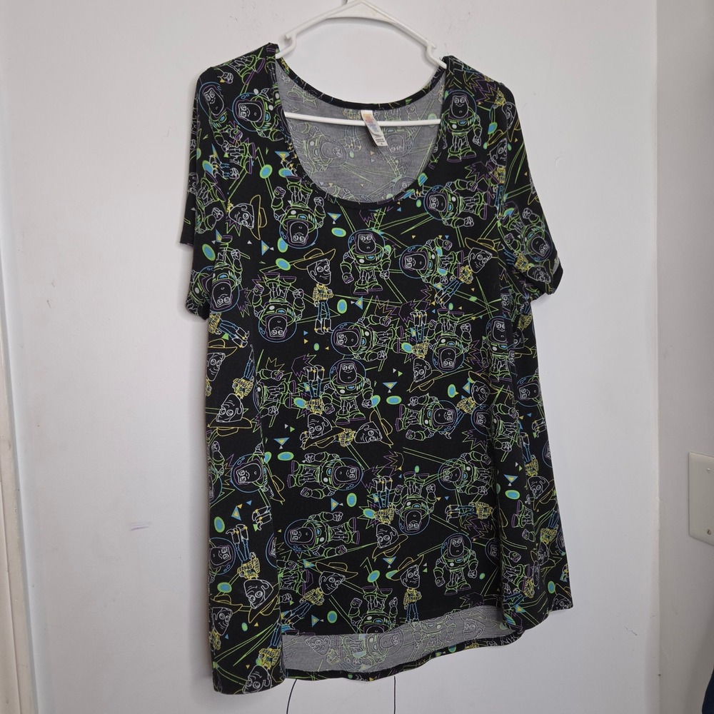 LuLaRoe Disney Pixar Toy Story Buzz Woody Irma Tunic Top XL Black Neon High Low